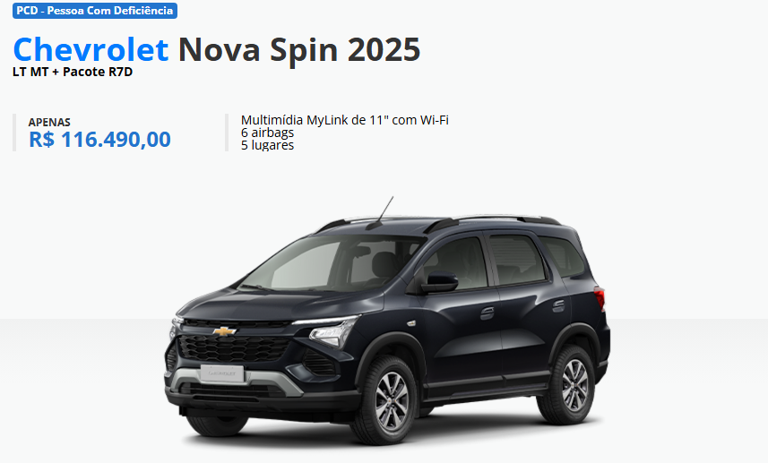 Chevrolet atualiza o preço da Spin LT MT para PcD em janeiro com desconto de R$ 12.600