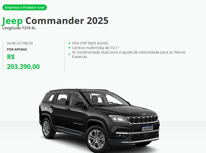 Jeep atualiza os preços do Commander para CNPJ com desconto de até R$ 44.658