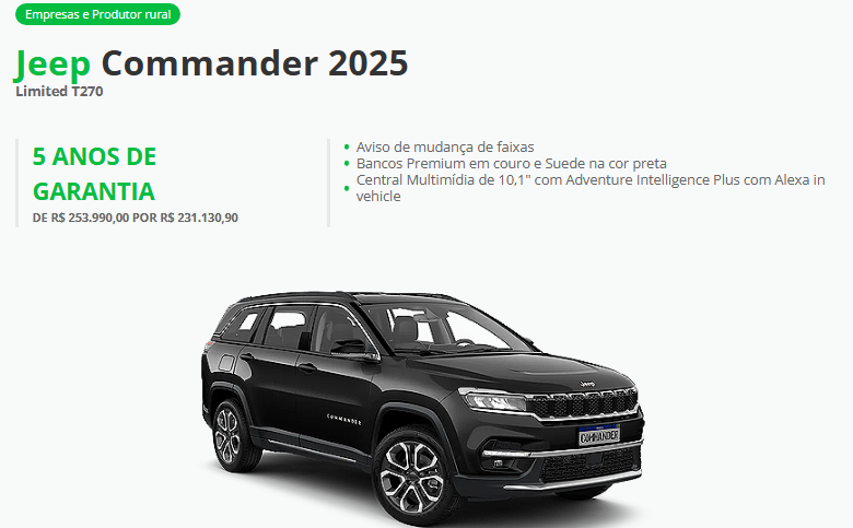 Jeep atualiza os preços do Commander para CNPJ com desconto de até R$ 44.658