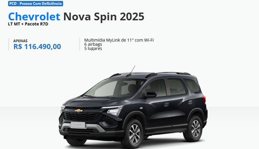Chevrolet atualiza o preço da Spin para PcD em fevereiro com descontos de até R$ 19,3 mil