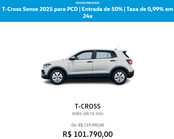 Volkswagen T-Cross tem desconto de até R$ 38,2 mil para PcD em fevereiro