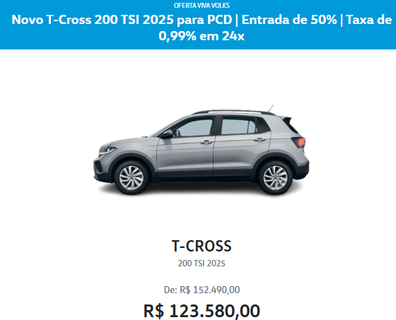 Volkswagen T-Cross tem desconto de até R$ 38,2 mil para PcD em fevereiro
