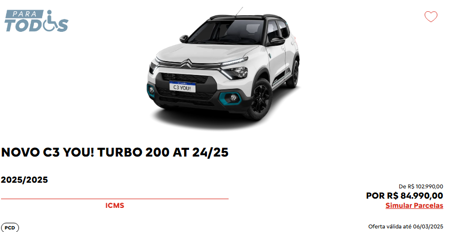 Citroën vende C3 You Turbo para PcD com desconto de R$ 18 mil