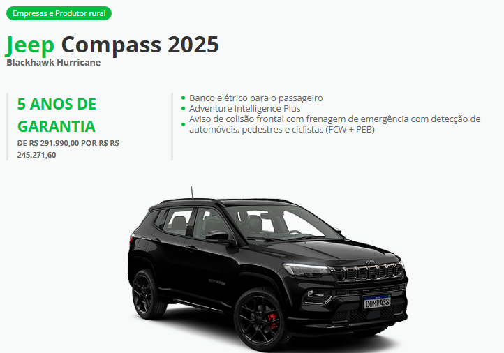 Jeep libera Compass Blackhawk para CNPJ com descontão de R$ 46.718