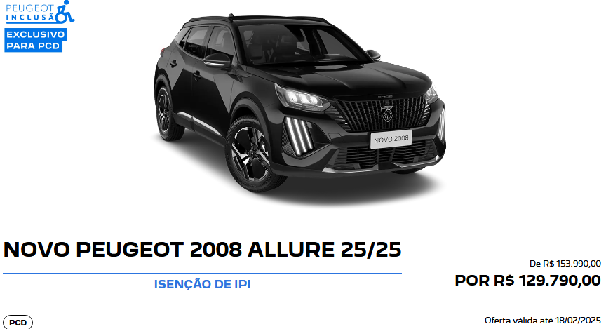 Peugeot 2008 Allure é ofertado para PcD com desconto de R$ 24.200