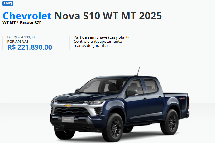 Chevrolet anuncia S10 WT MT com super desconto de R$ 42.300 em fevereiro