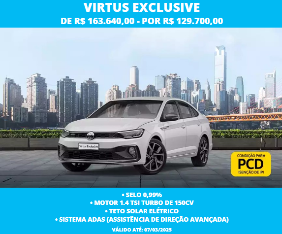 Volkswagen libera Virtus Exclusive com bolada de desconto de R$ 33.940 para PcD