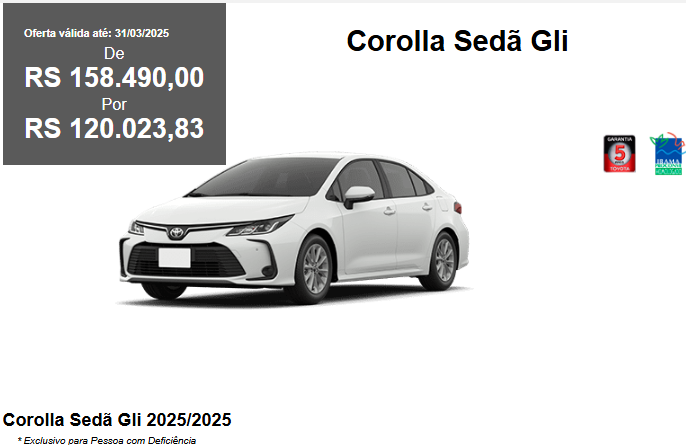 Toyota Corolla GLi pode ser comprado com até R$ 54.061 de desconto em março