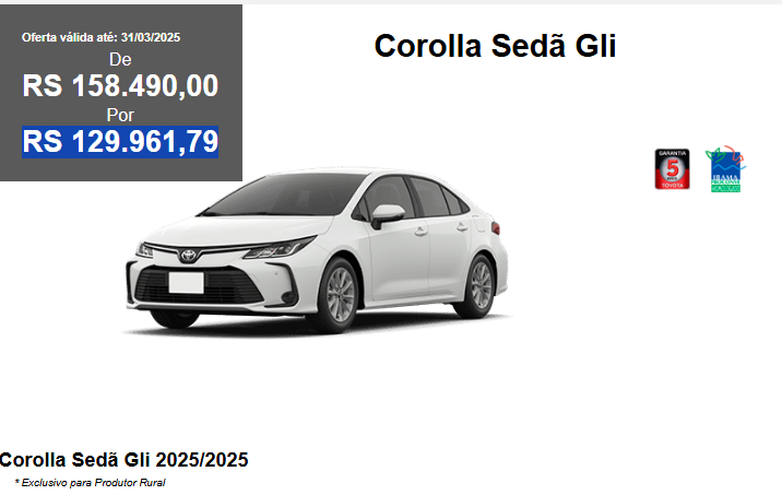 Toyota Corolla GLi pode ser comprado com até R$ 54.061 de desconto em março