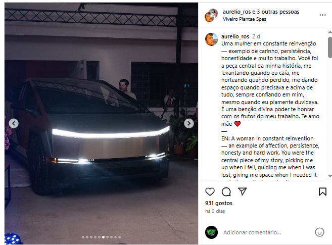 Engenheiro brasileiro radicado em Goiás presenteia mãe com Tesla Cybertruck