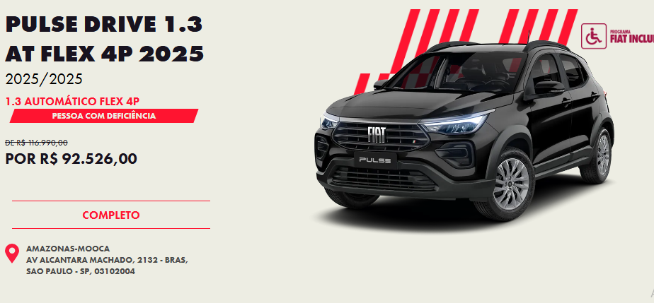 Fiat Pulse Drive 1.3 CVT é vendido em abril com redução de R$ 24.464 para PcD