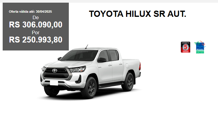 Toyota Hilux SR é ofertado em abril com redução de R$ 55.096 para CNPJ
