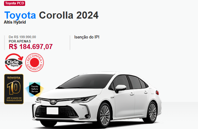 Toyota anuncia Corolla Altis Hybrid com descontão de R$ 15.292 para PcD