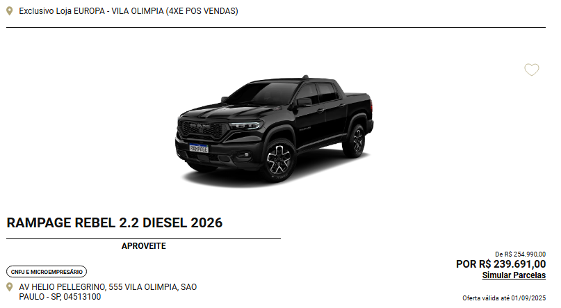 Ram baixa preço da Rampage Rebel em até R$ 37.940 para CNPJ