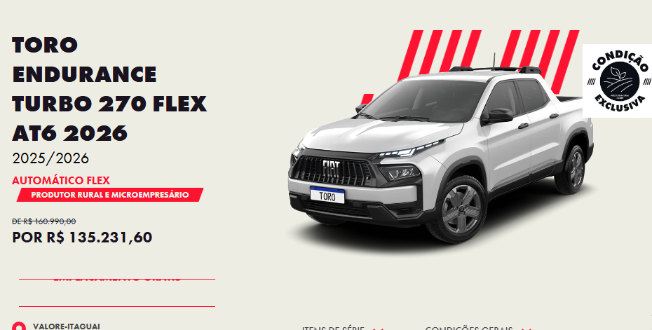 Fiat baixa preço da Toro Endurance 2026 em R$ 38 mil para CNPJ