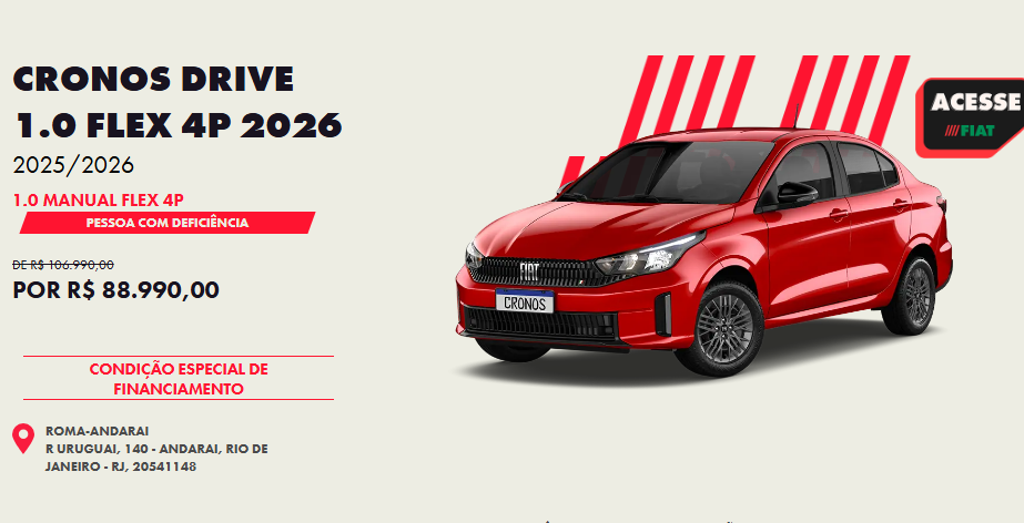 Fiat diminui preço do Cronos Drive 1.0 em até R$ 18 mil para PcD