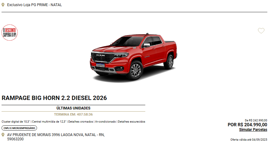 Ram reduz preço da Rampage Big Horn 2026 em R$ 38 mil para CNPJ