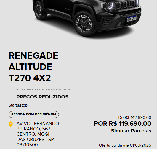 Jeep baixa preço do Renegade Altitude em R$ 23,3 mil para PcD