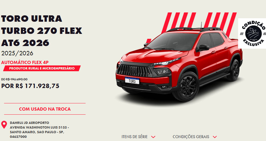 Fiat diminui preço da Toro Ultra 2026 em até R$ 19.492 para CNPJ