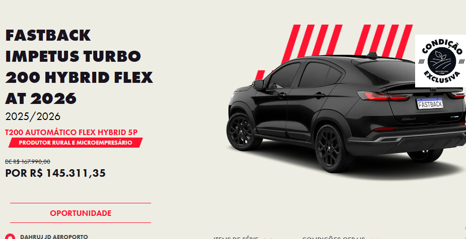 Fiat baixa preço do Fastback Impetus Hybrid em R$ 22.678 para CNPJ