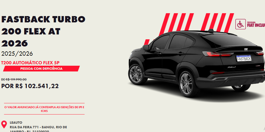 Fiat Fastback fica mais barato que o Tera com redução de R$ 17.448 para PcD