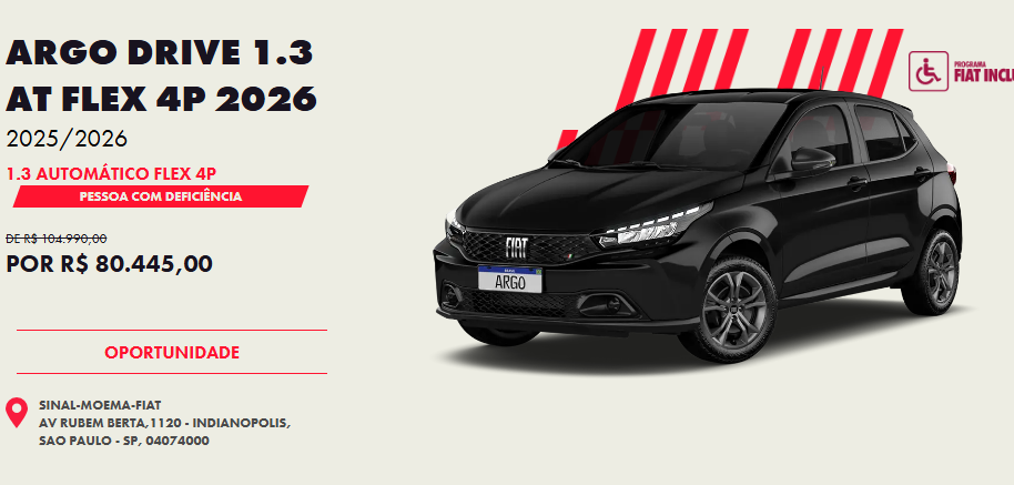 Fiat Argo Drive 1.3 CVT é liberado com super desconto de R$ 24.545 para PcD