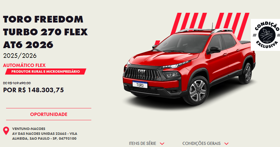 Fiat rebaixa preço da Toro Freedom 2026 em R$ 21.186 para CNPJ