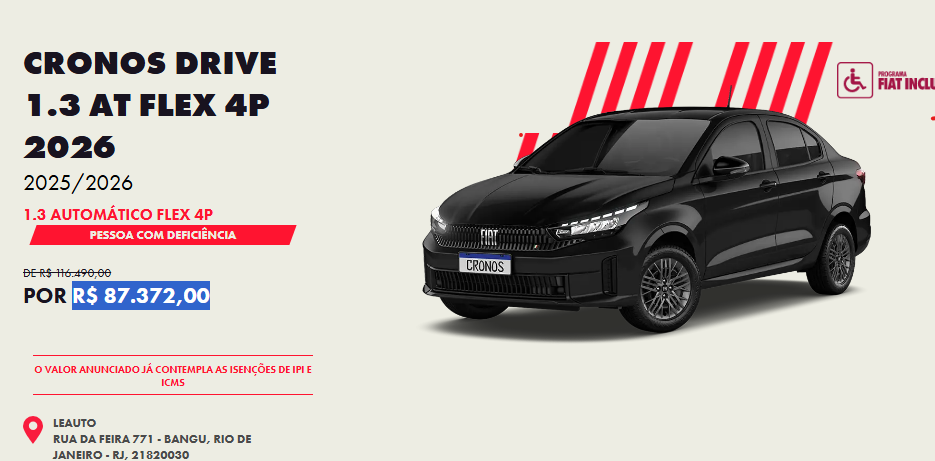 Fiat reduz preço do Cronos Drive 1.3 CVT em até R$ 29.118 para PcD