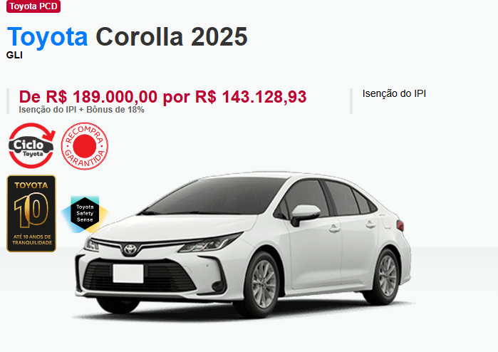 Toyota libera Corolla GLi híbrido com R$ 45.871 desconto para PcD