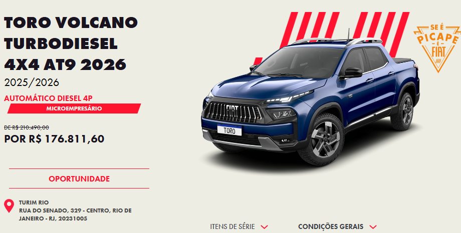 Fiat libera desconto de R$ 33,6 mil na Toro Volcano Diesel 2026 para CNPJ