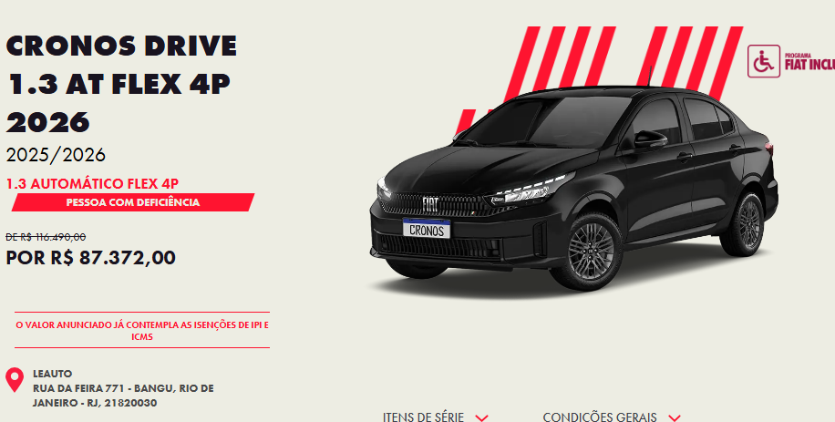 Fiat Cronos Drive 1.3 CVT fica R$ 29,1 mil mais barato para PcD