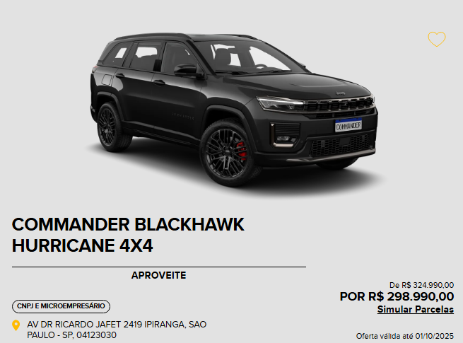Jeep Commander Blackhawk para CNPJ tem redução de R$ 26 mil