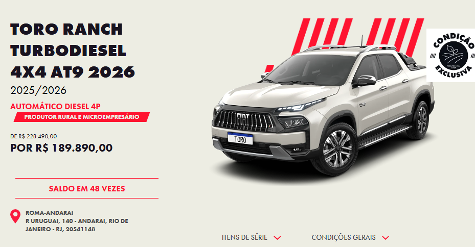 Fiat oferece R$ 38.600 de desconto na Toro Ranch 2026 para CNPJs