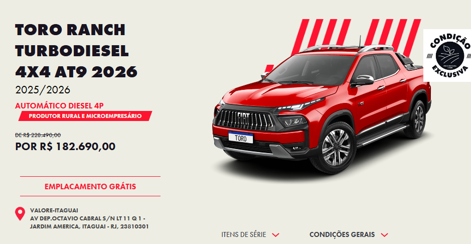 Fiat Toro Ranch 2026 ganha redução de R$ 45.800 para CNPJ em setembro