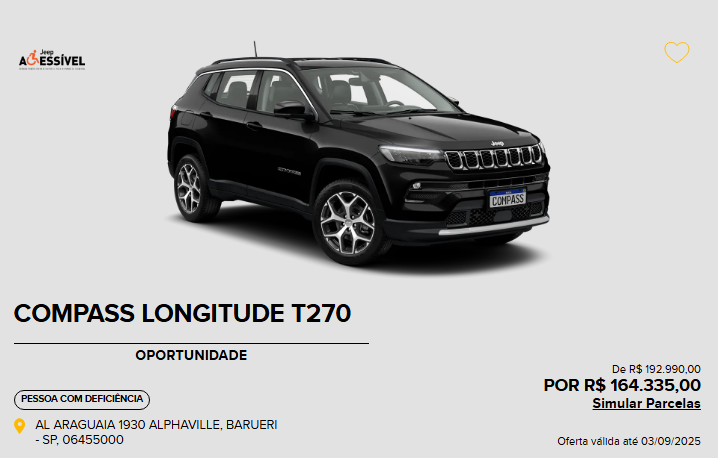 Jeep derruba preço do Compass Longitude em R$ 28,6 mil para PcD em setembro