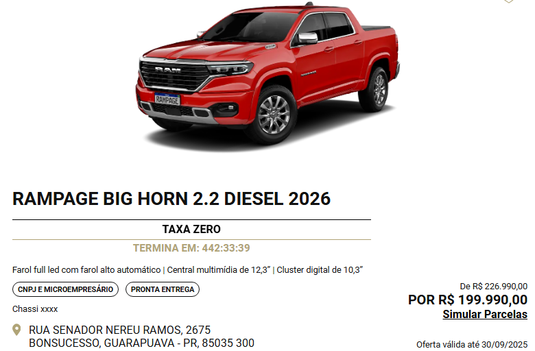 Ram Rampage Big Horn ganha desconto de R$ 26 mil para compras via CNPJ