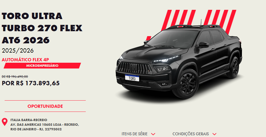 Fiat libera R$ 22.596 de desconto na Toro Ultra 2026 para CNPJ