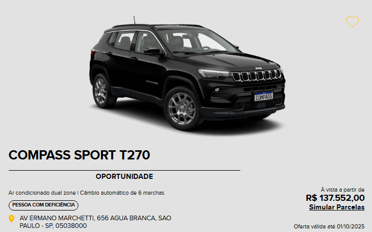 Com desconto de R$ 32.438, Jeep Compass Sport custa menos que Tiggo 7 Sport