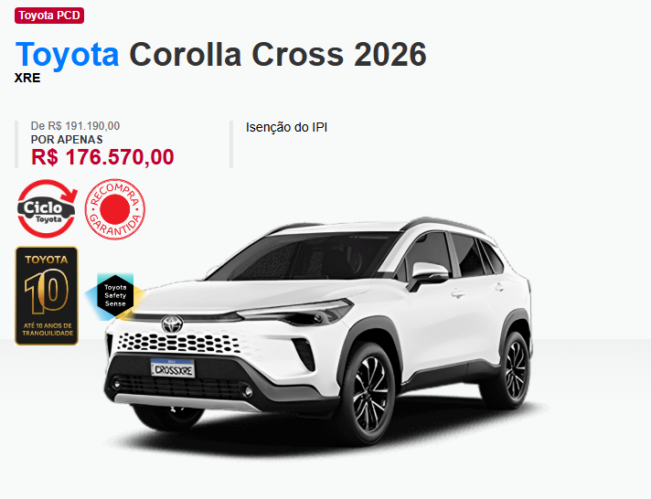 Toyota Corolla Cross XRE é liberado para PcDs com descontão de R$ 14.620