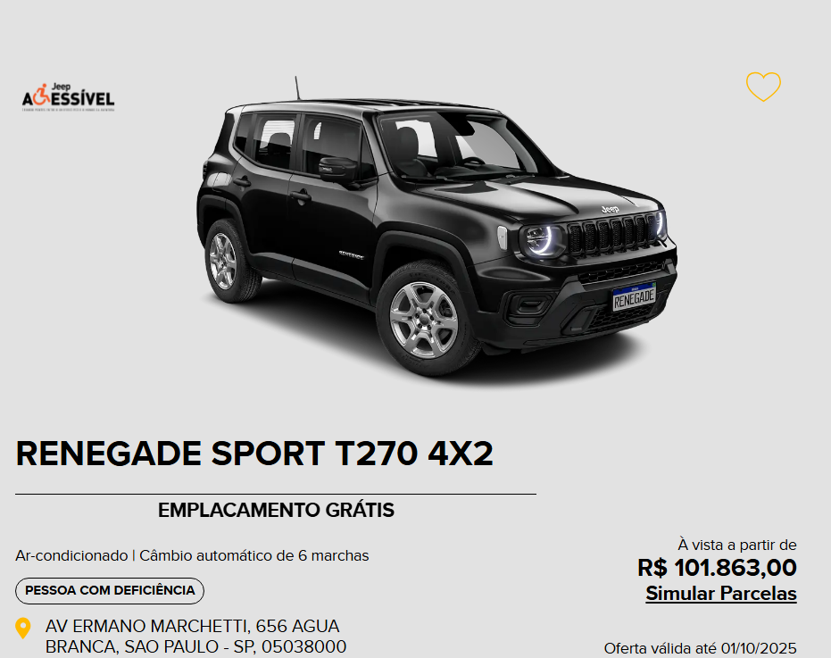 Jeep derruba preço do Renegade Sport em R$ 16,4 mil para PcD em setembro