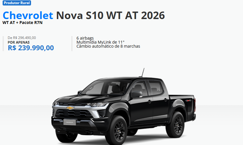 Chevrolet S10 WT AT é liberada em outubro com desconto de R$ 56.500 para CNPJ