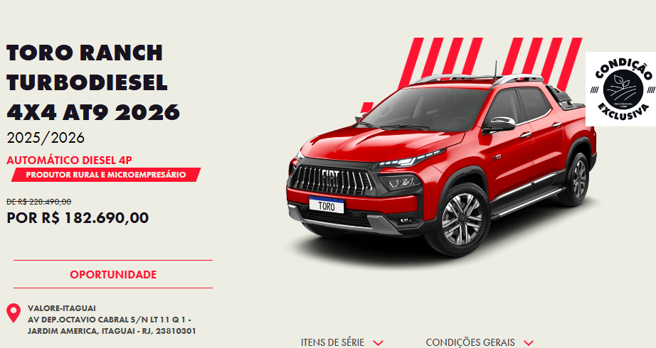 Fiat Toro Ranch 2026 é ofertada em outubro com desconto de R$ 45,8 mil para CNPJ