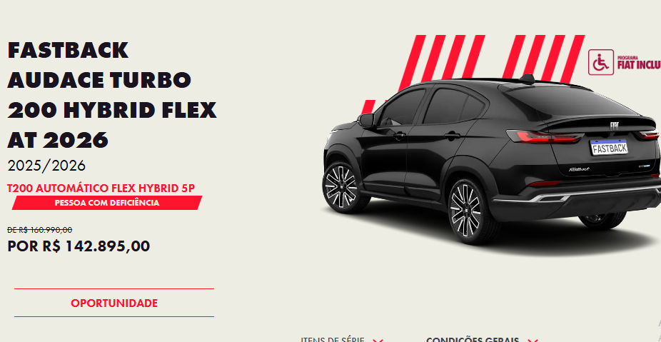 Fiat divulga Fastback Audace Hybrid com desconto de R$ 18.095 para PcD