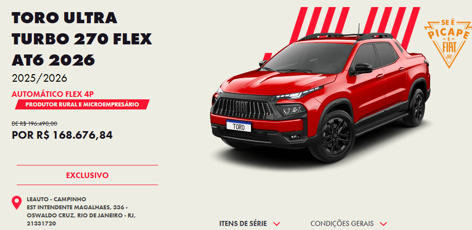 Fiat derruba o preço da Toro Ultra 2026 em R$ 27.813 para CNPJ em outubro