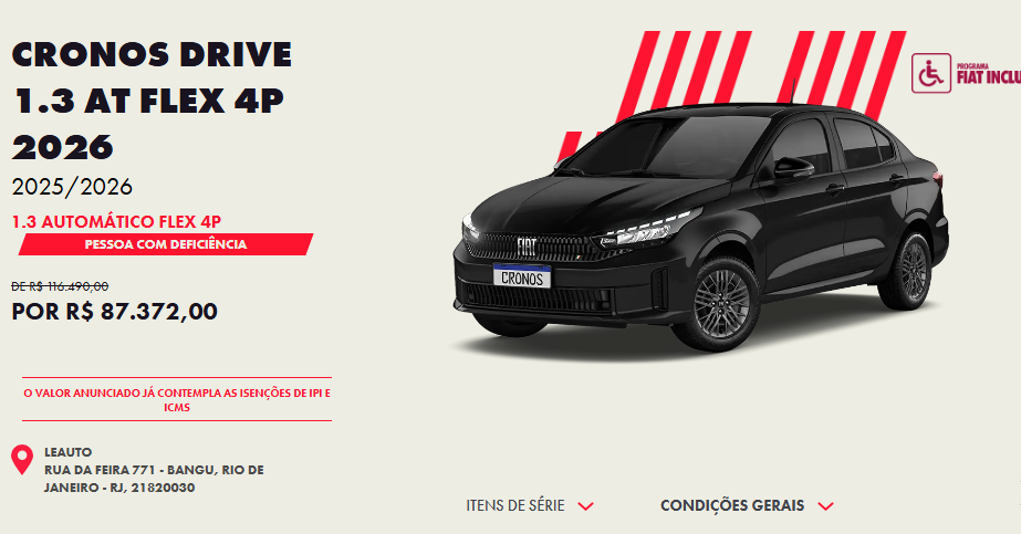 Fiat derruba o preço da Cronos Drive 1.3 CVT 2026 em R$ 29 mil para PcD em outubro