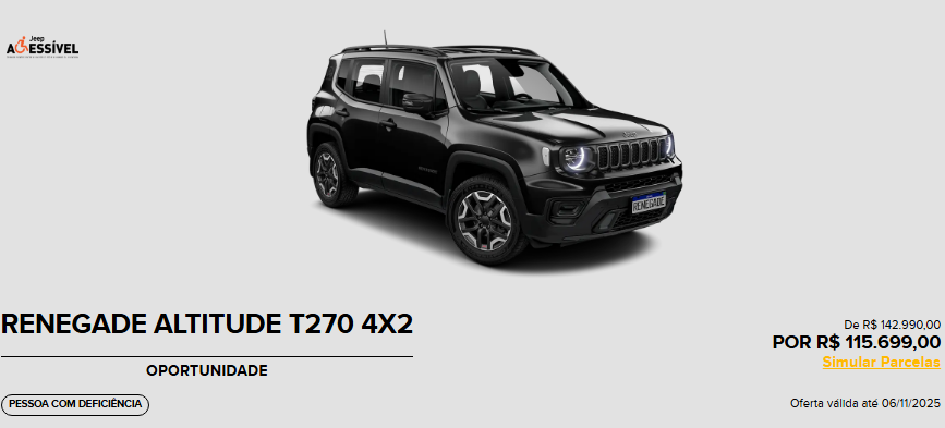 Jeep Renegade Altitude é anunciado para PcD com desconto de R$ 34.600