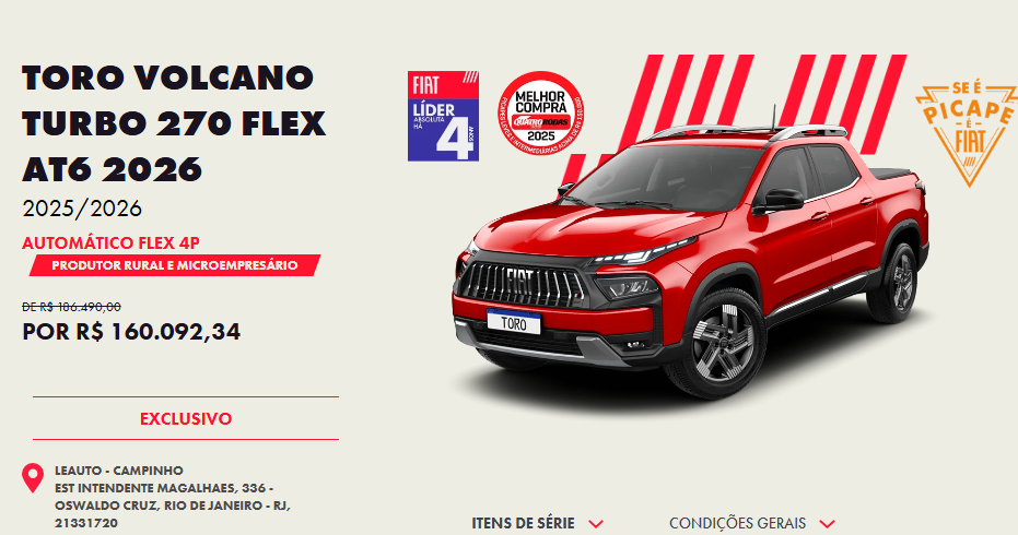 Fiat Toro Volcano Flex 2026 fica R$ 26.397 mais barato para CNPJ em outubro