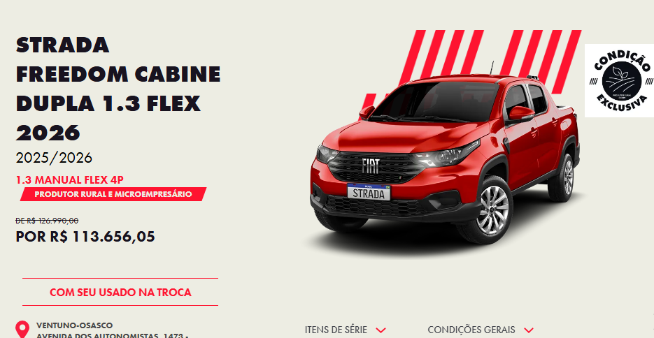 Fiat baixa o preço da Strada Freedom CD 2026 em R$ 13.333 para CNPJ em outubro