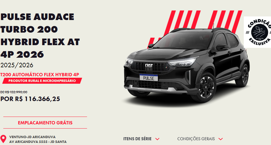 Fiat derruba em R$ 25,3 mil o preço do Pulse Audace Hybrid 2026 para CNPJ em outubro