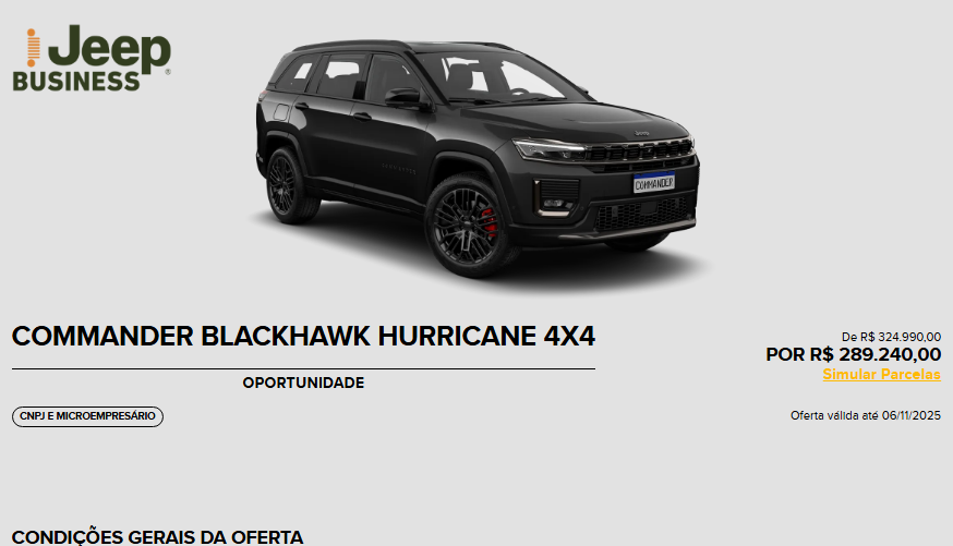 Jeep derruba o preço do Commander Blackhawk 2026 em R$ 46.367 para CNPJ em outubro